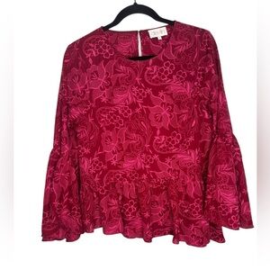 Devlin BOHO Red with Pink Embroidered Flowers Asymmetrical Bell Sleeve Small Top